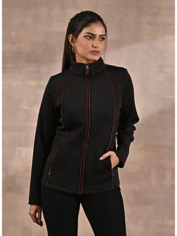 Lakshita - Black Fleece Jacket with Decorative Stitch On Front