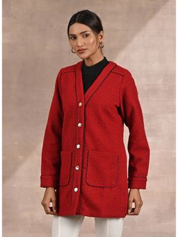 Lakshita - Red Long Sleeve Textured Jacket with Metallic Buttons