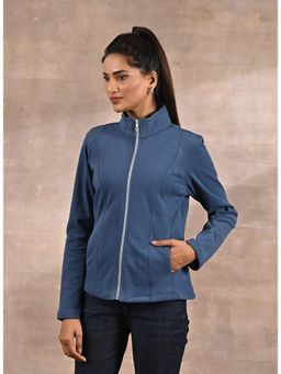 Lakshita - Blue Spread-Neck Fleece Jacket with Zip-Closure