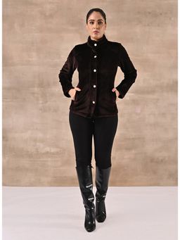 Lakshita - Brown Corduroy High Neck Jacket with Button Detailing
