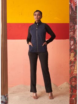 Lakshita - Navy Blue Sleeveless High-Neck Jacket For Women with Pockets