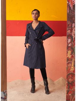 Lakshita - Blue Long Overcoat For Women with Notched Collar and Belt (Set of 2)