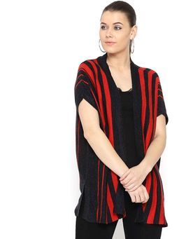 Style Quotient - Noi Charcoal Grey & Red Striped Open Front Shrug