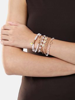 Carlton London - Rose Gold Pleated Cz and Pearl Heart Floral Charm Bracelet (Set Of 8)
