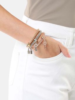 Carlton London - Three Toned Cz Lock and Key Charm Bracelet (Pack Of 3)