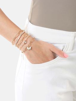 Carlton London - Rose Gold Pleated Cz Butterfly and Evil Eye Enamel Charm Bracelet (Set Of 5)