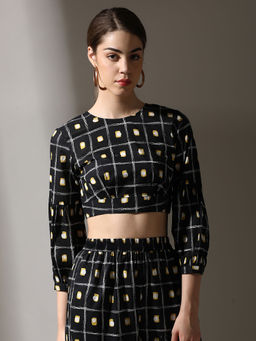 Dora Dori - Black Abstract Pure Cotton Printed Round Neck Cuffed Sleeves Crop Top