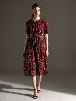 Dora Dori - Maroon Abstract Pure Cotton Printed Round Neck Puff Sleeves Cut Out Dress