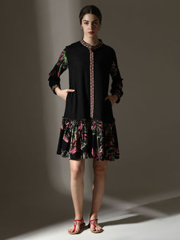 Dora Dori - Black Floral Viscose Rayon Digital Printed Mandarin Collar Cuffed Sleeves Dress