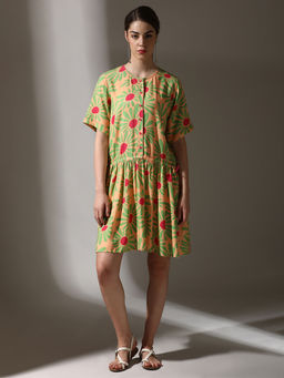 Dora Dori - Peach Floral Viscose Rayon Round Neck Kantha Work Dress