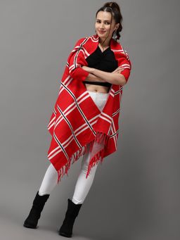 SHOWOFF - Womens Short Sleeves Longline Red Checked Poncho