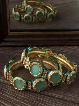 VIVINIA By Vidhi Mehra - Gold Plated Green Coloured Kundan Polki Women Pair Of Bangles