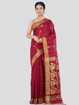 PinkLoom - Women's Cotton Blend Saree with Unstitched Blouse Piece, Maroon