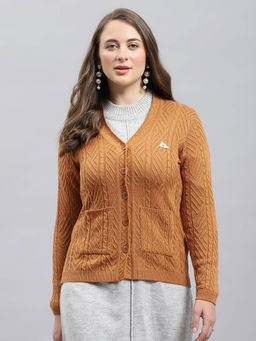 Monte Carlo - Women's Brown Self Design V Neck Full Sleeve Cardigan