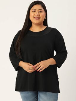 theRebelinme - Womens Black Solid Color Bread & Stones Detailed Regular Top