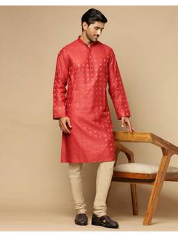 Fabindia - Red Silk Blend Dobby Long Kurta