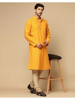 Fabindia - Yellow Cotton Dobby Slim Fit Long Kurta