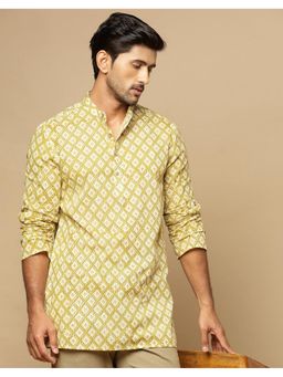 Fabindia - Yellow Cotton Hand Block Printed Slim Fit Short Kurta