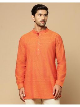 Fabindia - Orange Cotton Hand Block Printed Slim Fit Short Kurta