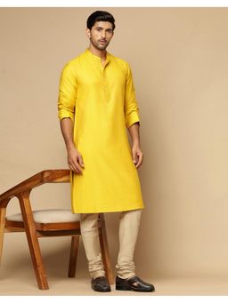 Fabindia - Yellow Viscose Silk Embroidered Slim Fit Long Kurta