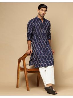 Fabindia - Blue Cotton Ikat Slim Fit Long Kurta