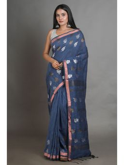 Arhi - Teal Linen handwoven soft saree with zari border with Unstitched Blouse