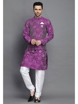 UTSAV FASHION - Block Printed Art Silk Purple Kurta with Churidar and Jacket