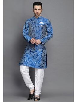 UTSAV FASHION - Block Printed Art Silk Blue Kurta with Churidar and Jacket