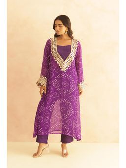 DEASHA INDIA - Qirat Purple Bandhej Lace Work Bustier with Kurta & Pant