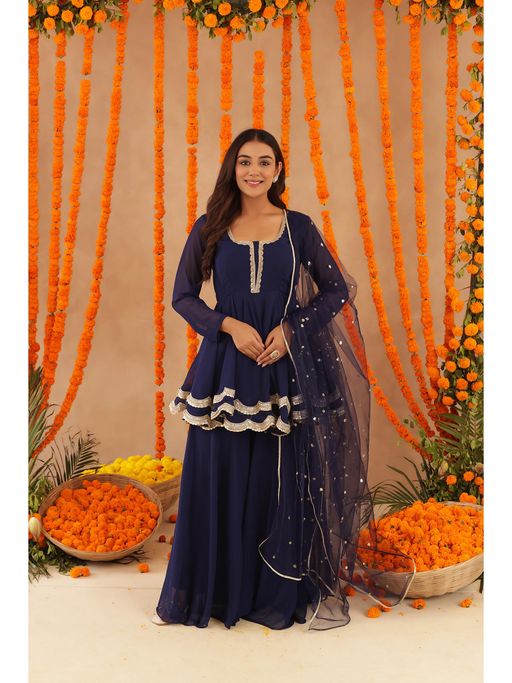 DEASHA INDIA Huma Navy Blue Kurti with Sharara & Dupatta