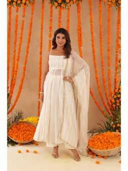 DEASHA INDIA - Shayla White Lurex Anarkali with Pant & Dupatta