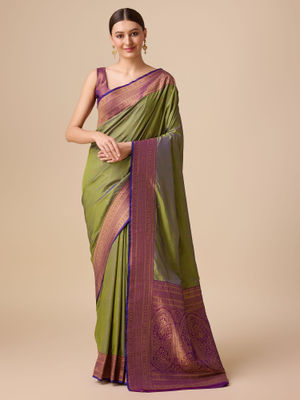 Green Embellished Banarasi Silk Blend Saree With Unstitched Blouse Piece
