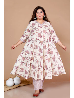 Miravan Women's Plus Size Pink Cotton Gota and Lace Border Birds and Leaf Floral Printed Anarkali Kurta