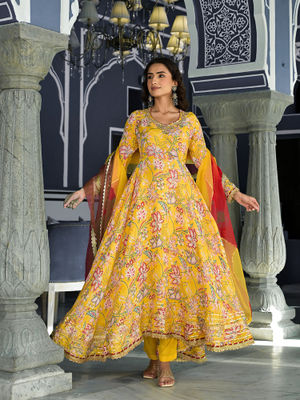 Women Yellow Floral Poly Muslin Anarkali Kurta