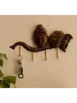 eCraftIndia - Brown Iron Buddha Head on Elephant Trunk Key Holder for Wall with 4 Hooks