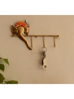 eCraftIndia - Handcrafted Wrought Iron Lord Ganesha Key Holder With 3 Key Hooks For Wall