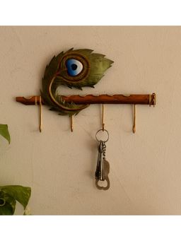 eCraftIndia - Wrought Iron Flute With Peacock Feather Designer Key Holder With 4 Key Hooks For Wall