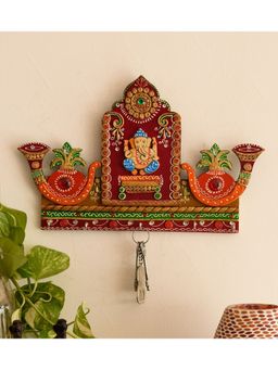 eCraftIndia - Papier Mache Lord Ganesha With Shehnai Designer Key Holder With 4 Key Hooks For Wall