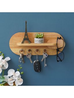eCraftIndia - Light Brown Multiutility 4 Hooks Wooden Key Holder with Shelf
