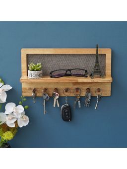 eCraftIndia - Light Brown Multiutility 7 Hooks Wooden Key Holder with Shelf