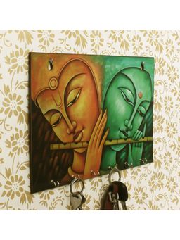 eCraftIndia - Radha Krishna Playing Flute Theme Wooden Key Holder With 6 Key Hooks For Wall