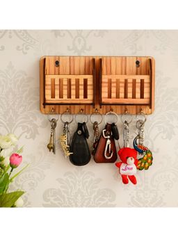 eCraftIndia - Brown Multiutility 7 Hooks Wooden Key Holder And Mobile Holder