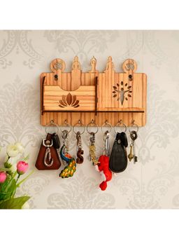 eCraftIndia - Brown Yoga Theme Multiutility 7 Hooks Wooden Key Holder And Mobile Holder