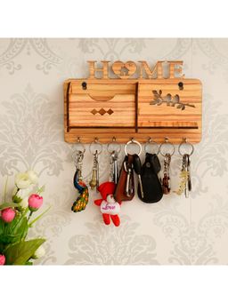 eCraftIndia - Home And Birds Sitting On A Branch Design 7 Hooks Wooden Key Holder And Mobile Holder
