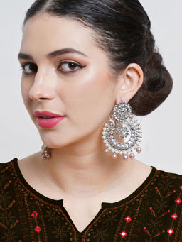 Karatcart - Silver Pearl Oxidised Kundan Chandbali Earrings