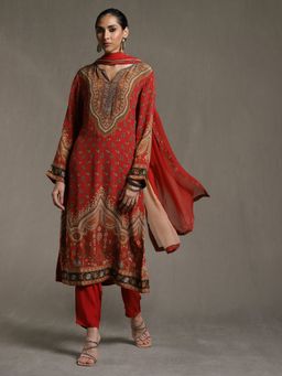 Ritu Kumar - Red Floral Print Kurta with Pant and Dupatta (Set of 3)