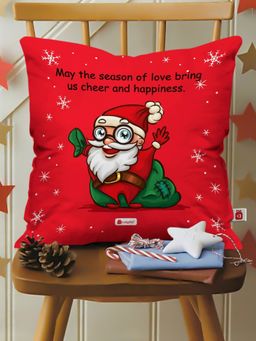 Indigifts - Micro Satin Cheerful Santa Print Xmas 1 Cushion Cover with 1 Filler (Red, 12x12 Inches)