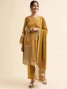 Odette - Mustard Embroidered Georgette Semi Stitched Kurta (Set of 3)