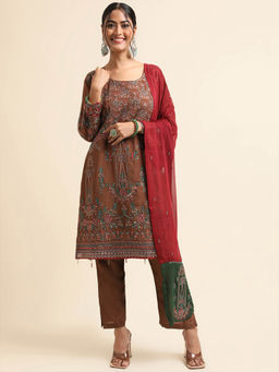 Odette - Brown Embellished Georgette Semi Stitched Kurta (Set of 3)