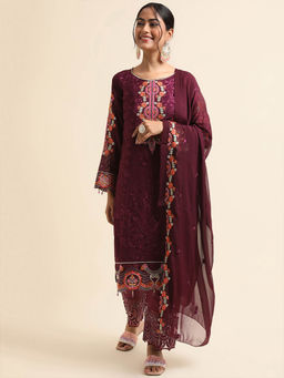Odette - Wine Embroidered Georgette Semi Stitched Kurta (Set of 3)